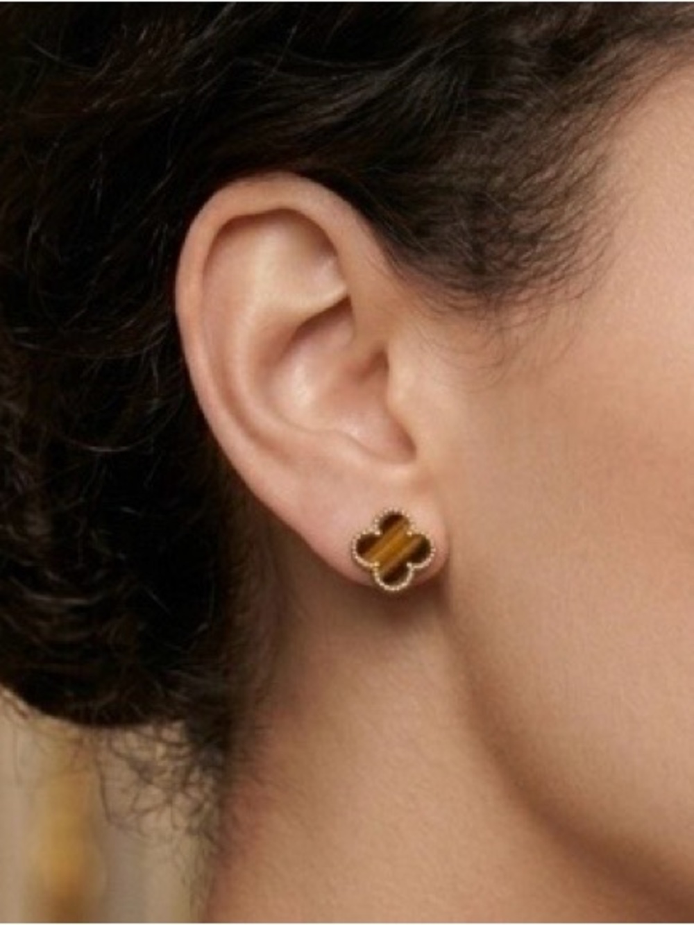 NWT Tigers Eye Brown 6MM Clover & 925 Silver Stud Earrings